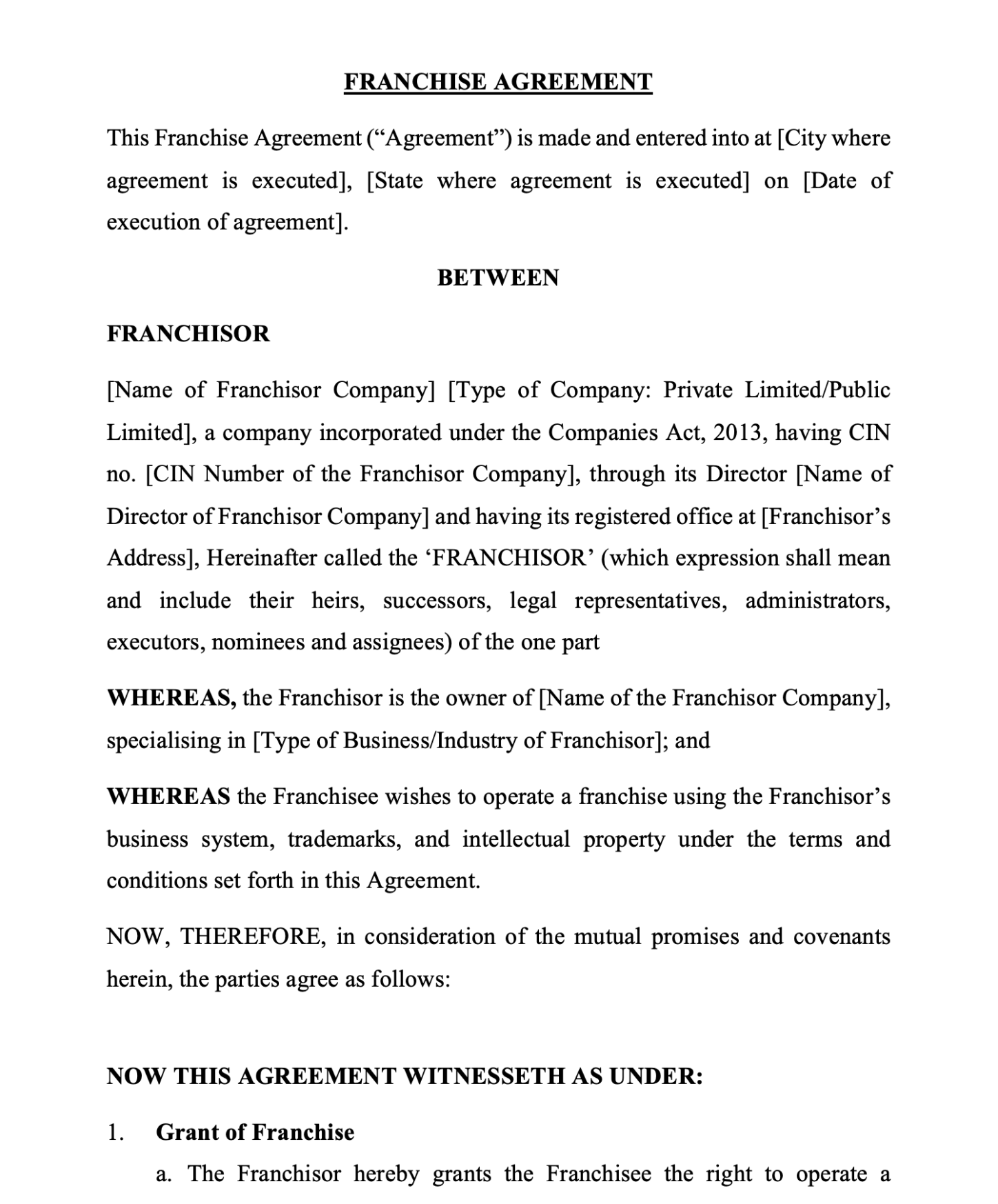 Franchise Agreement Template