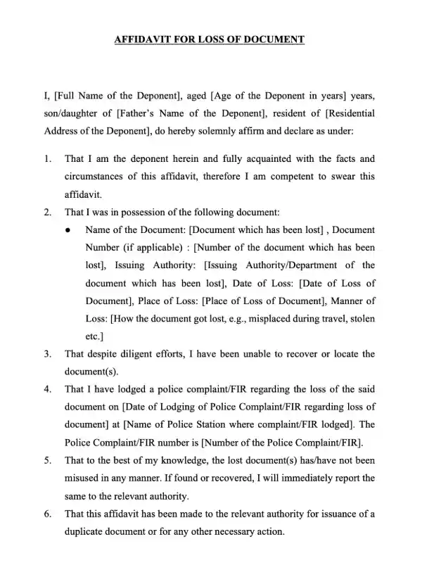 Loss of Documents Affidavit Template