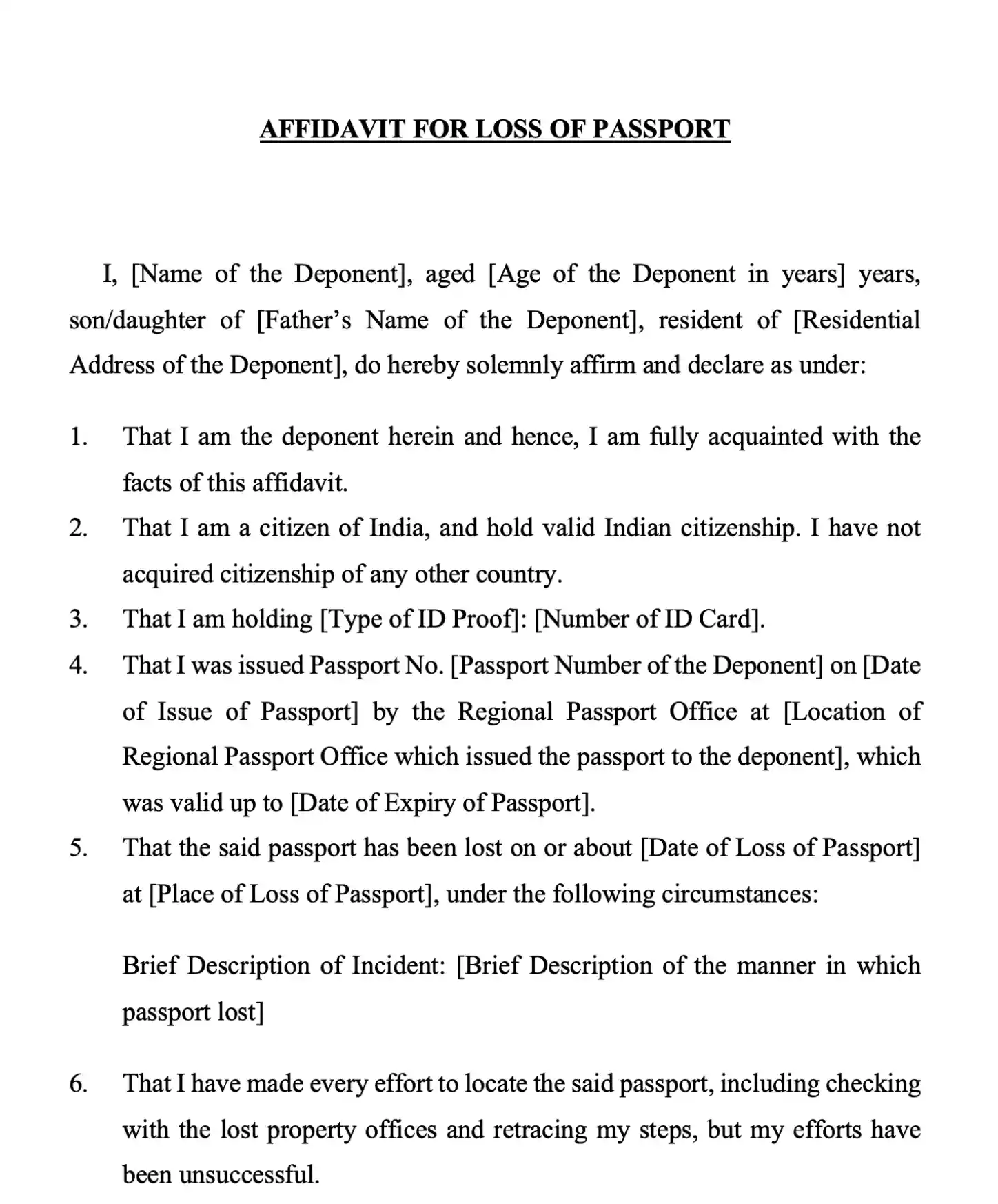 Loss of Passport Affidavit Template