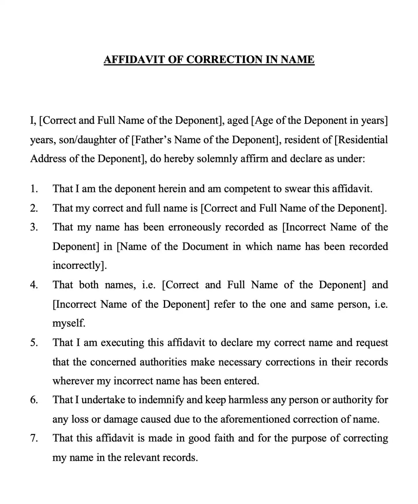 Name Correction Affidavit Template