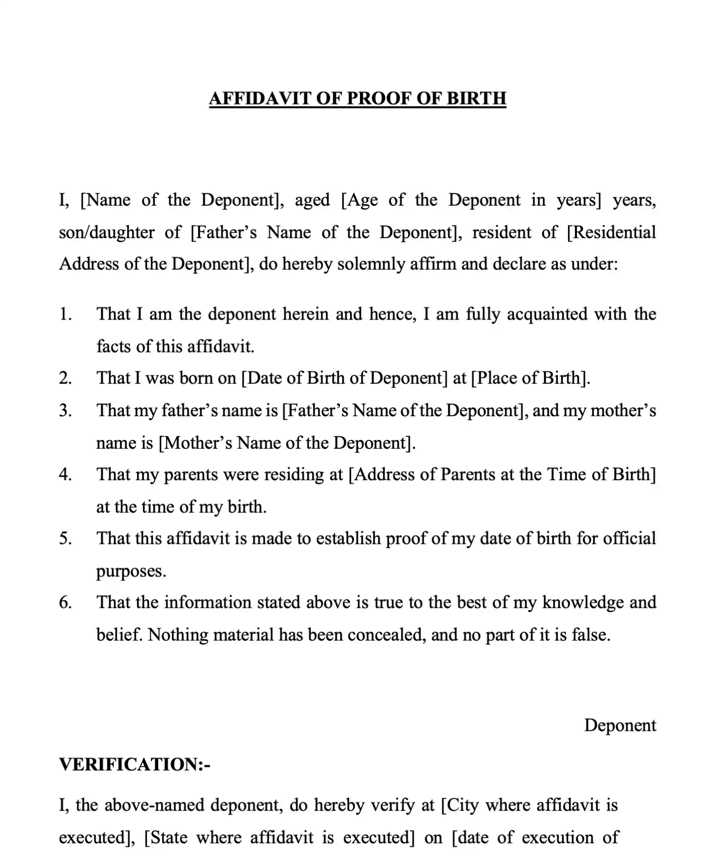 Proof of Birth Affidavit Template