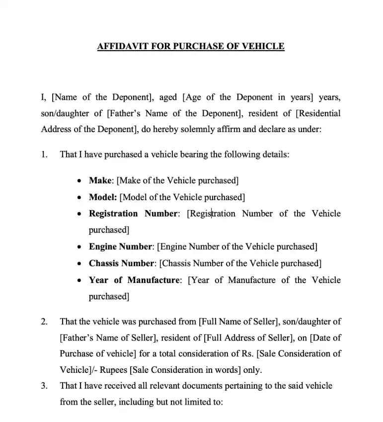 Purchase of Vehicle Affidavit Template
