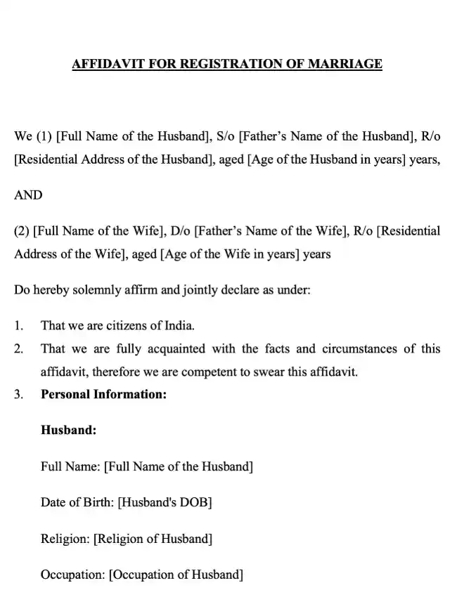 Registration of Marriage Affidavit Template