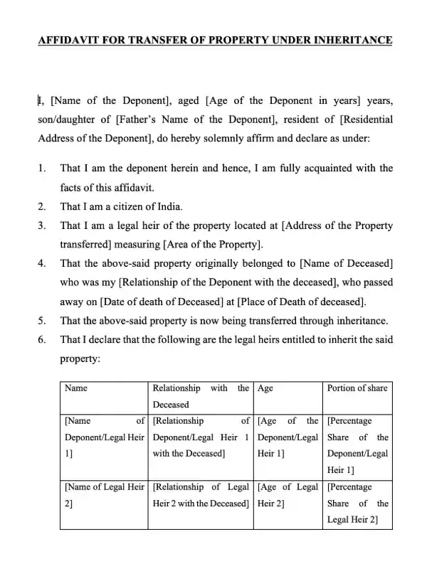 Transfer Property Under Inheritance Affidavit Template
