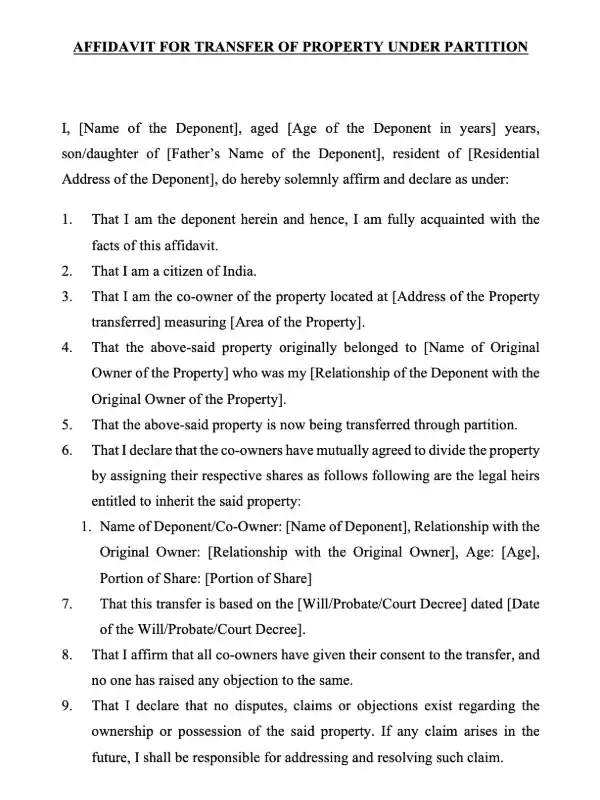 Transfer Property Under Partition Affidavit Template