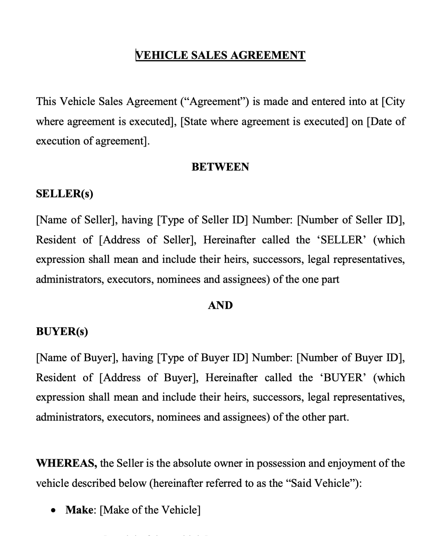 Vehicle Sales Agreement Template
